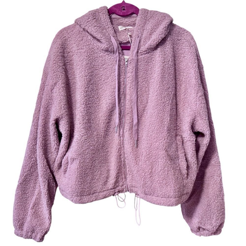 Dusty Pink Sherpa Drawstring Cropped Hooded Jacket Large NWT - And The Why - Picture 8 of 17
